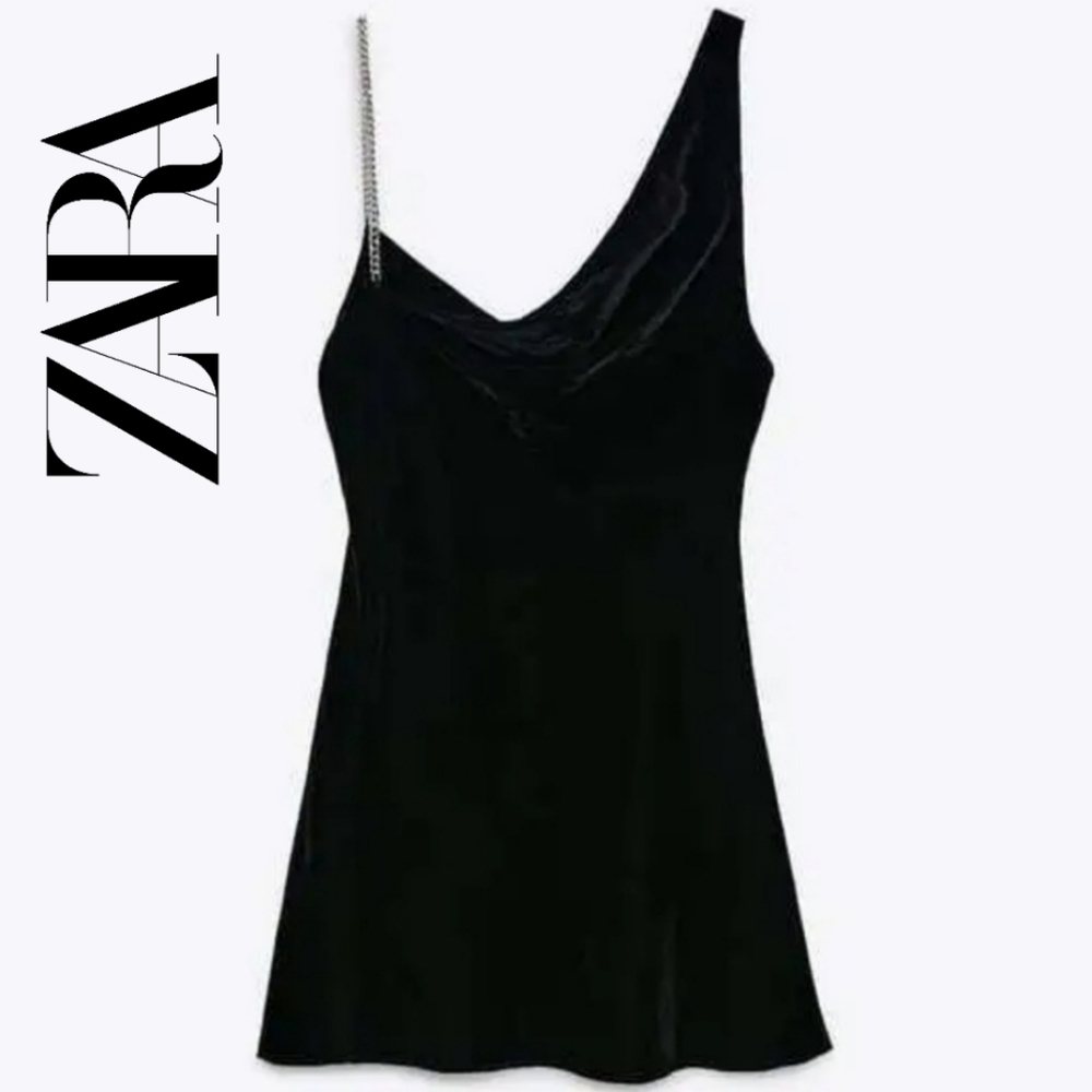 Zara | Black Velvet Chain Strap Mini Cocktail Dress | Small